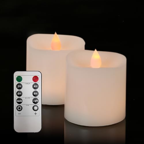Image of 3x3 Flickering Flameless Candles Set of 2,3 inch Real Wax LED 600 Hours Battery Candles with Timer Remote,Control for Wedding Party Indoor,Ivory