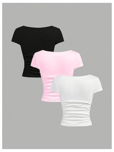 Image of SOLY HUX Girl's Short Sleeve T Shirts 3 Piece Basic Scoop Neck Tees Slim Fit Casual Summer Tops