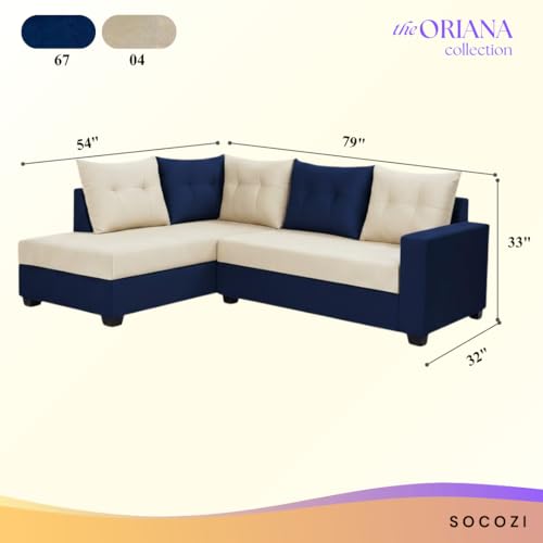 Image of SOCOZI Oriana 4 Seater LHS L Shape Sofa Set | Soft Velvet Suede Fabric | Modern Design | Plush Comfort Cushions for Living Room (Dark Blue-Cream)