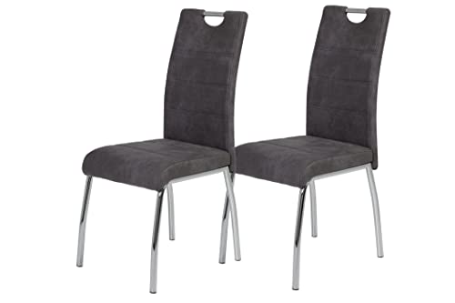 Hela Tische Susi Lot De 2 Chaises De Salle À Manger Et De Cuisine, Microfibre Anthracite Vintage, Piètement Métallique Et Poignée Chromés