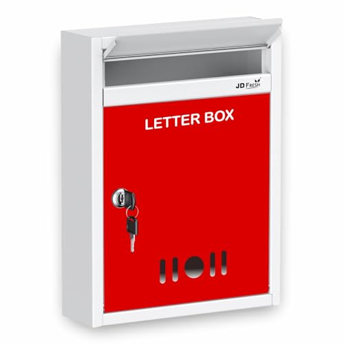 Image of JD FRESH Wall Mount A4 Size Letter Box /Mail Box /Suggestion Box /Complaint Box for Office /Post Box for Home gate with Clear Window View & Secure Key Lock - (Red & Ivory)