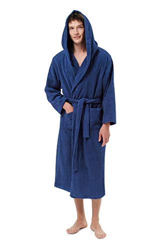 Sioro Plus Size Mens Robe Terry Cotton Hooded Bathrobe Ankle Length Soft Bath Robes Big & Tall Spa Bath Hot Tub Bathrobe, Navy Xx-Large #TOP16