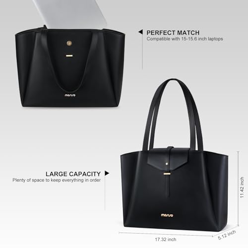 MOSISO Laptop Tote Bag for Women, 15.6 inch PU Leather Work Laptop Bag with Flap Buckle & Clutch Purse, Large Capacity Computer Shoulder Handbag for Casual Business Travel, Black3