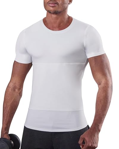 KOCLES Mens Slimming Compression Shirt, Slimming Undershirt Shirts for Men Body Shaper Shapewear Tummy Control -Hide Gynecomastia Man Boobes (X-Large, White)