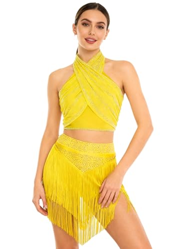 Tenue de Danse Latine Jaune M avec Crop Top à Paillettes et Jupe à Franges