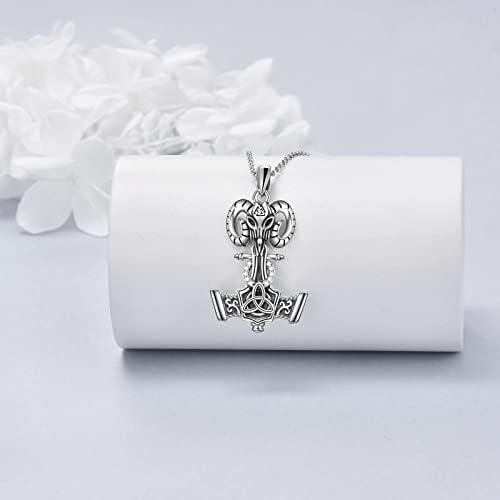VONALA Thor Hammer Necklace 925 Sterling Silver Mjolnir Sheep Head Pendant Viking Necklace Amulet Jewellery for Men Boy