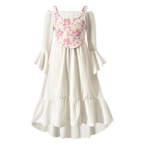 Little Girl Renaissance Vintage Medieval Party Retro High Low Swing Dress Vest Off Shoulder Long Bell Sleeve Tie Rope Floral Ruffle Princess Wedding Victorian Elegant Queen Gothic White 4-5T