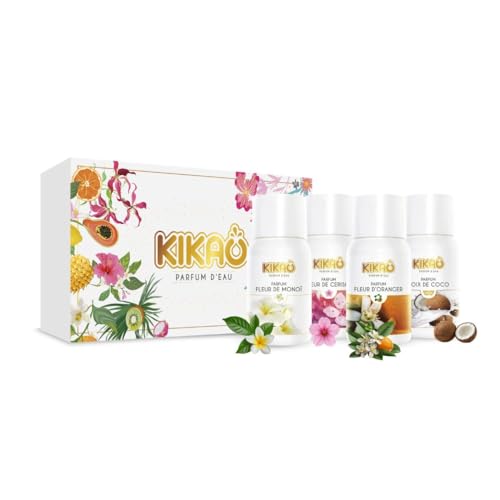 KIKAO – Coffret parfums pour Spa - 4x30 ml - Fleur de Monoï, Cerisier, Oranger, Noix de Coco - Senteur Solaire et Florale - Couvre l'odeur de chlore et...