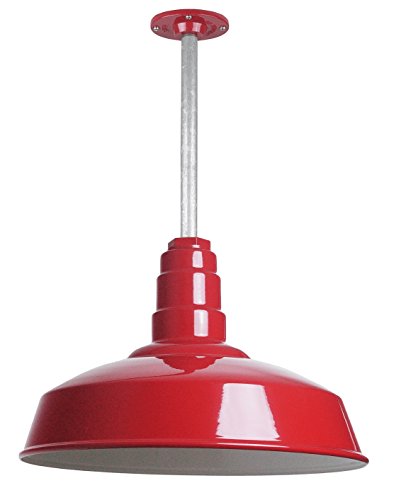 Image of Steel Lighting Co. Carson Barn Light | Ceiling Mounted Pendant | 16 inch Dome | 12 inch Stem | Industrial Style Steel Light Made in America | Red Exterior /White Interior