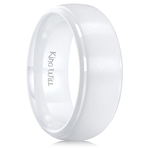 King Will 8mm White Ceramic Rings Mens Wedding Rings Basic Step Edge Domed Wedding Band for Men Women Comfort Fit and Durable Size 9