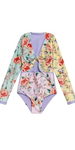 AGUA BENDITA Kids One Piece Swimsuit, Floral Print, Cutout Details, Long Sleeve, UPF 50+, Recycled Polyester/Elastane