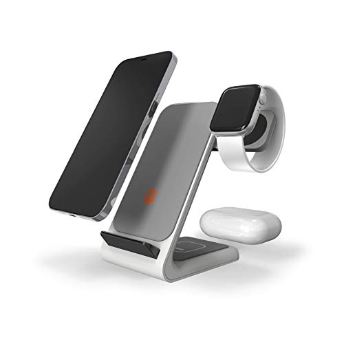 STM ChargeTree Swing 3-in-1 Wireless Charging Station for iPhone/Samsung/Android (15W/7.5W), AirPods (5W), Apple Watch (3W). Qi-Certified Stand (White)