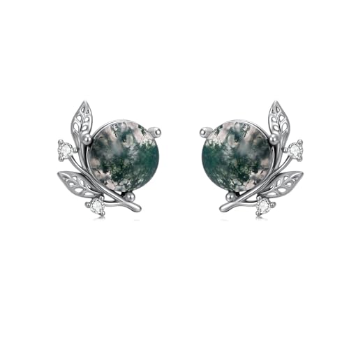 Nature Inspired Moss Agate Earrings 925 Sterling Silver Dainty Natural Moss Agate Stud Earrings Anniversary Birthday Christmas Jewelry Gifts for Women Style A
