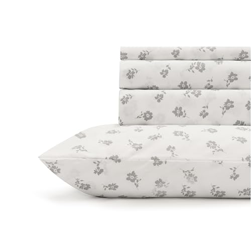Image of Linen Home 100% Cotton Printed Percale Sheet Set Queen Size, 4 Piece Deep Pocket Floral Bedding, Crisp Cool & Breathable, Fade-Resistant Design, Hotel Luxury, Long-Staple Cotton, Grey Silhouette