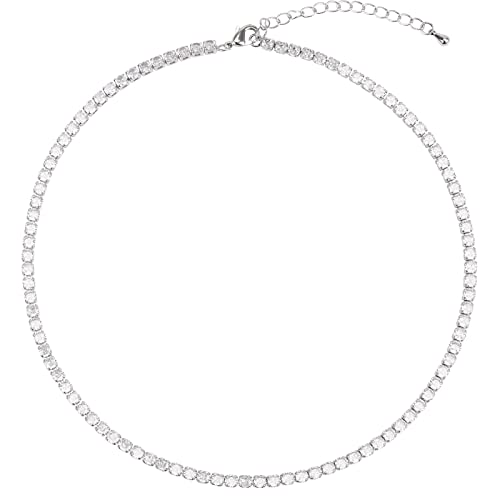 BaubleStar Damen Tennis Choker Halskette mit Weißen Zirkonia, 3 mm Kette in Silber Kristall Geschenk für Frauen Mädchen