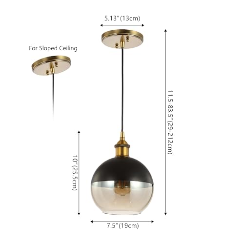 Image of JONATHAN Y Nixon 1-Light 7.5 inch Globe Pendant, Brass Gold /Black, Set of 2 | Mid-Century Modern, Adjustable, Champagne Smoked Glass Shade, LED Bulbs Included, Metal /Glass Kitchen Island Ceiling Fixture