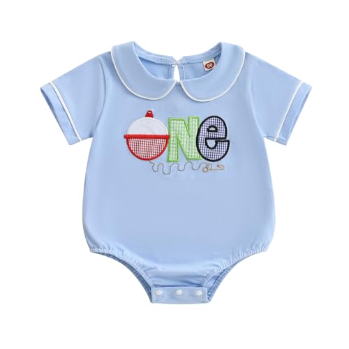 woshilaocai Baby Boy First Birthday Outfit Romper Bubble Collared Bodysuit Baby Fish Birthday Clothes (Blue,12-18 Months)