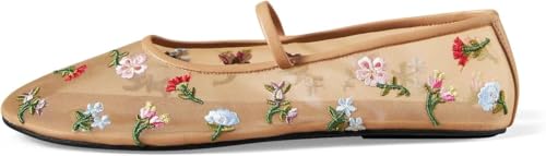 Image of Nude Mesh Ballet Flats for Women Tulle Floral Embroidered Mary Jane Ballerina Round Toe Comfortable Daily Dress Ballet Flats Shoes with Strap