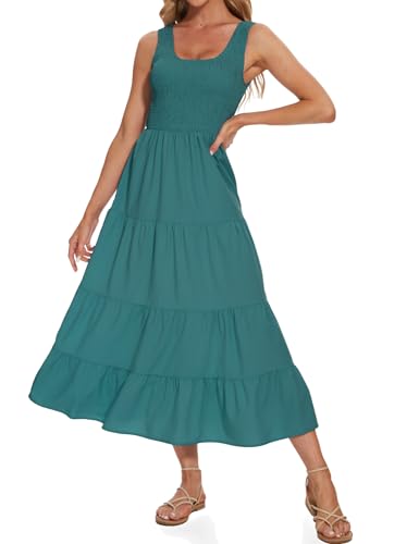 Image of Women's Summer Smocked Maxi Dresses Sleeveless U Neck Ruffle Hem Tiered A Line Flowy Dress