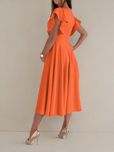 Image of LYANER Women's Warp V Neck Ruffle Short Sleeve A Line Swing Flared Cocktail Party Midi Dress