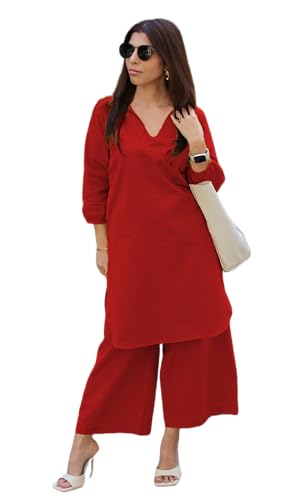 Image of Femezone Women Cotton slub Co-ord Kurta and Pant Set (FEM22230610-01-Vcord)