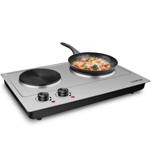 CUSIMAX 1800W Double Hot Plate, Stainless Steel Silver Countertop Burner Portable Electric Double Burners Electric Cast Iron Hot Plates Cooktop, Easy to Clean, Upgraded Version C180N