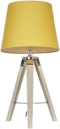 MiniSun Modern Distressed Wood and Silver Chrome Tripod Table Lamp with a Mustard Tapered Light Shade