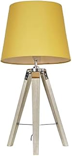 MiniSun Modern Distressed Wood and Silver Chrome Tripod Table Lamp with a Mustard Tapered Light Shade
