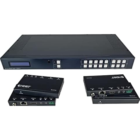 FOURKAY 4x4 4K HDMI over CAT5e/6 Ethernet Matrix Switch with 4 PoE Receivers. 1U Rack Mount. MX4K44BT-TW Cover