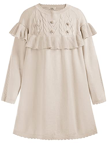 Danna Belle Girls Long Sleeve Knitted Dress A-Line Sweater Skirt Warm Ruffle Pullover 7Y Apricot
