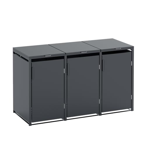 SMARTBOX 3er Mülltonnenbox für 240 l in Anthrazit - Premium Verkleidung Wetterfest & Korrosionsbeständig - Storage Cabinet Möbelschrank mit Gasdruckdämpfer Soft-Close Deckelseilzug Magnetverschluss