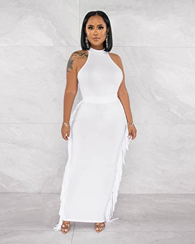 Image of YUEWOO 2 Piece Outfits for Women Sexy Crop Top Ruched Bodycon Maxi Dresses Fringe Skirt Sets Night Club Jumpsuits