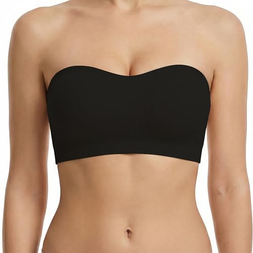 Image of Zimcti Strapless Bras for Women-Non Slip Silicone Grip Bandeau, Wirefree Seamless Tube Top, Removable Pads, Clear Strap