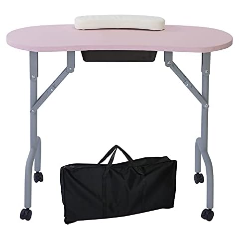 AGESISI Portable Manicure Table Foldable Nail Desk with Large Drawer Nail Tech Table for Technician Salon Workstation Client Wrist Cushion/Carry Bag/4 Lockable Wheels, 36-inch, Pink Cover