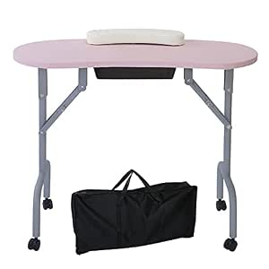 AGESISI Portable Foldable Manicure Table with Drawer and Wheels, 36-inch Pink
