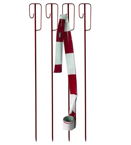 UvV Absperrleinenhalter Stahl Set Laterneneisen 1200 mm lang Ø14 mm mit UVV-Bügel und 1 Rolle (100m) Warnband/Absperrband (Rote Absperrung 4 Stück Set)