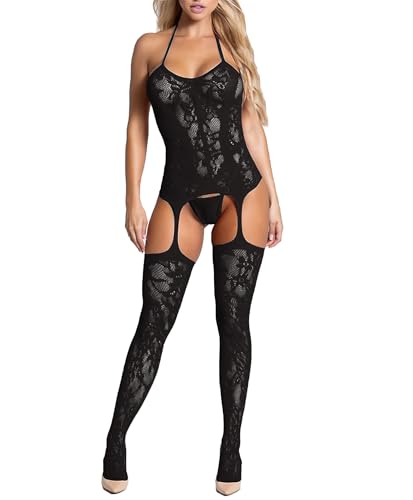 XIUSEMY Femme Bodystocking en Résille Transparente Une Pièce Sexy Fishnet Lingerie de Nuit Chemise de Nuit et Bas de Lingerie(Noir-GB)