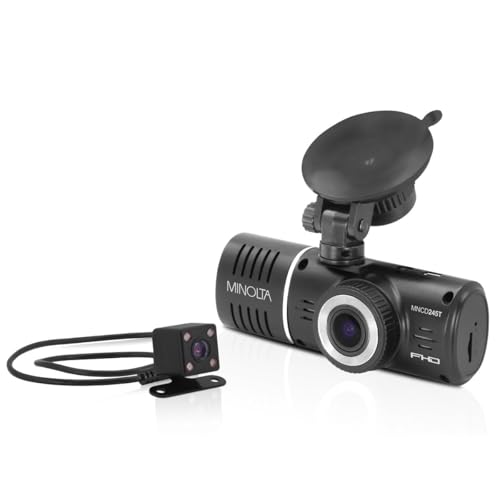 Minolta 3-Channel 1080p Car Camcorder with Rear Camera - Full HD Dash Cam Inside Cabin Infrared Night Vision 170 Wide Angle Lens G-Sensor Loop Recording Motion Detection 2.45 LCD Screen