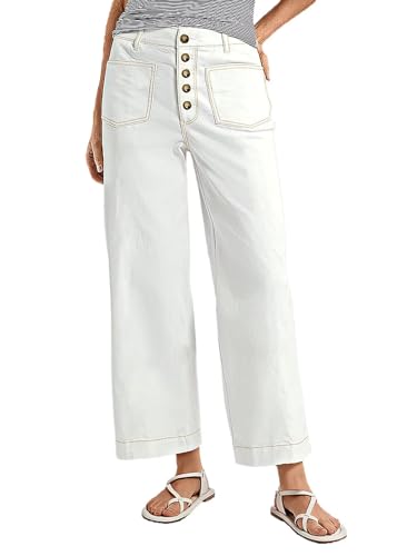 Flamingals High Waisted Wide Leg Cropped Jeans for Women Stretchy Button Fly Baggy Jeans Trendy with Patch Pockets