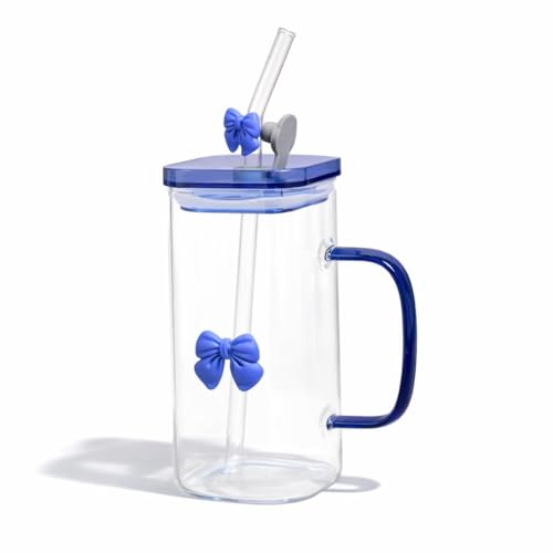 Image of FUNKYFINDS Coquette Blue Bow Glass Cup with Lid and Bow Straw, Dainty Glasses Drinking Set, 400 ml Cute Bow Glass Iced Coffee Cups, Preppy Glass Tumbler with Straw and Lid Gift (Set of 1)