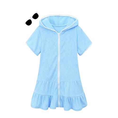 Image of Girls Swim Cover Up Kids Swimsuit Coverup Terry Zip-Up Beach Bathing Suit Wraps with Sunglasses