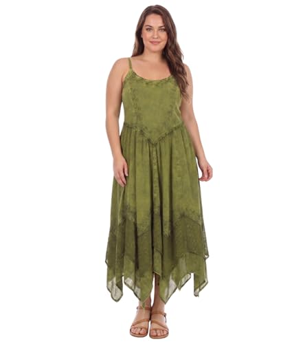 Image of Sakkas Rayon Embroidered Stonewashed Adjustable Spaghetti Straps Long Dress