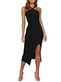 OWIN Black Dresses for Women Halter Cocktail Wedding Guest Dress 2025 Elegant Sleeveless Empire Waisted Formal Midi Dresses with Slit,Large
