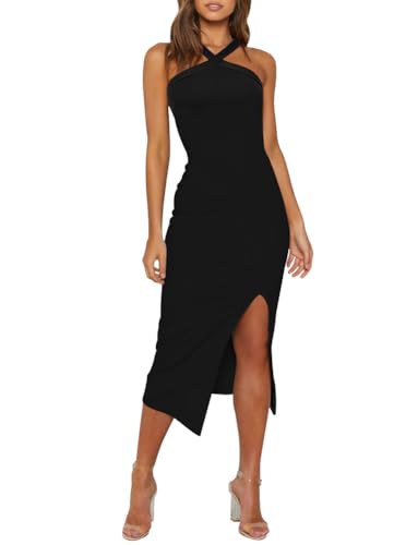 OWIN Wedding Guest Dresses for Women Halter Neck Sexy 2026 Sleeveless High Waist Side Split Black Formal Cocktail Party Midi Dress,S