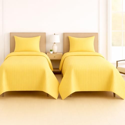 Image of DECOR2ADMIRE 300 Thread Count Premium Glace Cotton Plain Stripe Single Bedsheet with One Pillow Cover (60 inch x 90 inch) (Yellow, Pack of 2)