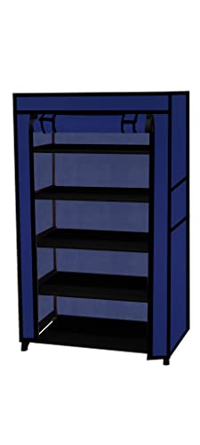 Image of Multi Utility 5 Layer Shelf Collapsible Metal Pipes with Non-Woven 100GSM Fabric Cover for Shoe /Cloth /Toy /Books Rack ((Dark Blue, Metal)
