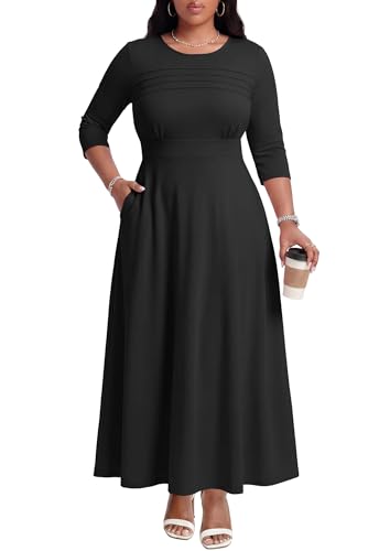 Image of FANDEE Fit-and-Flare Maxi Dress Round Neck Pleated Front Side Pockets | Front pleats soft flatter your bust shape; Empire Waist lengthen your figure; 3 /4 sleeves round neck suit for many occasions