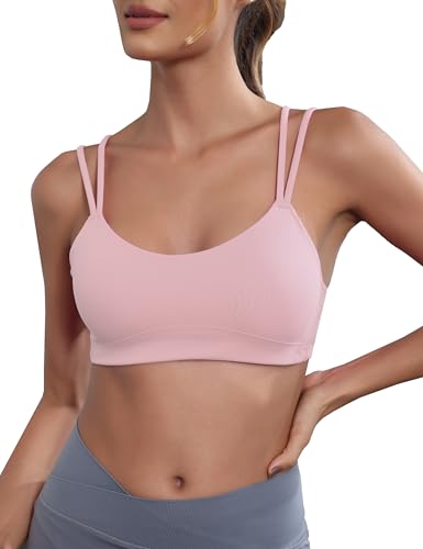 Image of Yoga Sports Workout Bras for Women Seamless Molded Cup Spaghetti Double Strap Bra Wirefree Scoop Neck Tank Top Bras