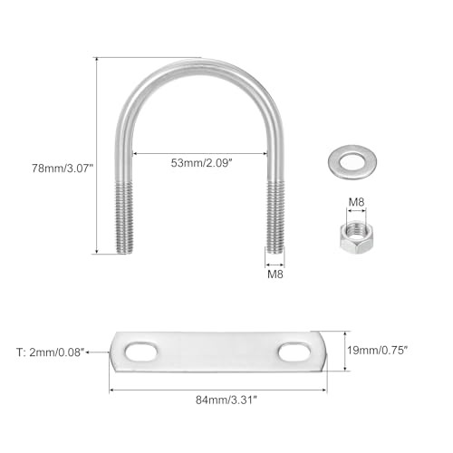Image of uxcell Round U-Bolts, 6 Sets 53mm(2.09 inch) Inner Width 78mm Length M8 304 Stainless Steel U Clamp Bolt with Nuts and Plates, for Boat Trailer