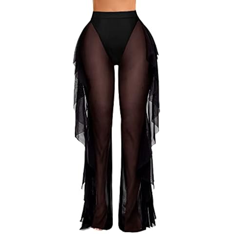 MARINAVIDA Women's Mesh Sheer Pants Ruffle Swimsuit Cover Up Pants Beach Bikini Bottom Coverups See Through, Black, Large Cover